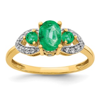 14k Oval Emerald and 1/5 carat Diamond 3-Stone Ring