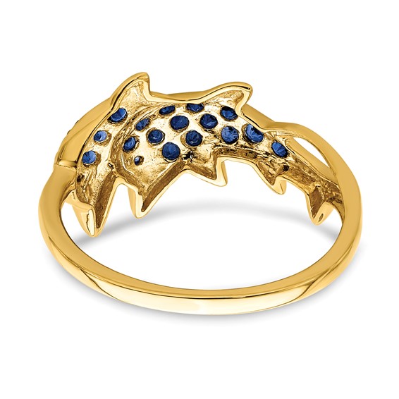 14k with White Rhodium Blue Sapphire and Diamond Dolphins Ring