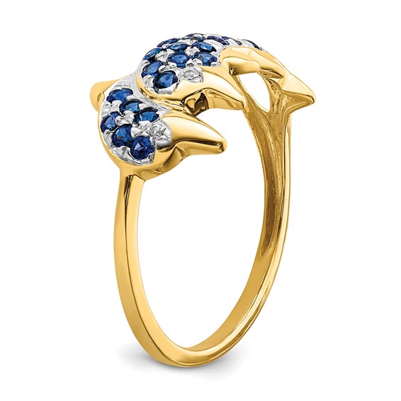 14k with White Rhodium Blue Sapphire and Diamond Dolphins Ring