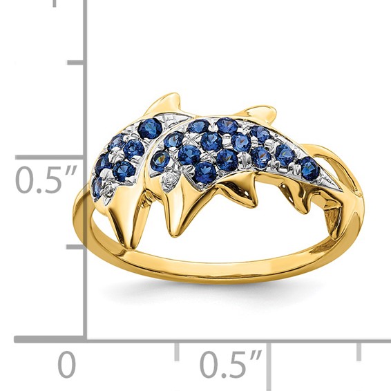 14k with White Rhodium Blue Sapphire and Diamond Dolphins Ring