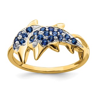 14k with White Rhodium Blue Sapphire and Diamond Dolphins Ring