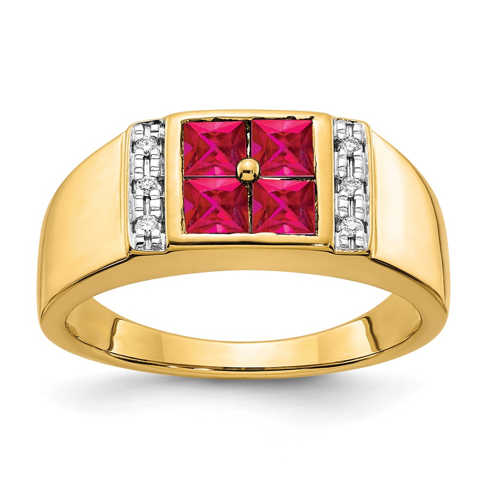 IBGoodman 14K Yellow Gold 0.05 Carat Lab Grown Diamond VS SI+ G+ and Lab Created Ruby Men's Ring