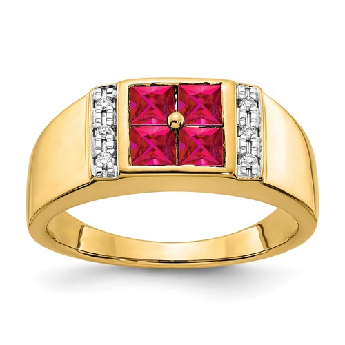 IBGoodman 14K Yellow Gold 0.05 Carat Lab Grown Diamond VS SI+ G+ and Lab Created Ruby Men's Ring