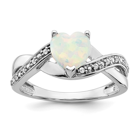  14k White Gold 7mm Heart Lab-Created Opal and 1/20 carat Diamond Ring