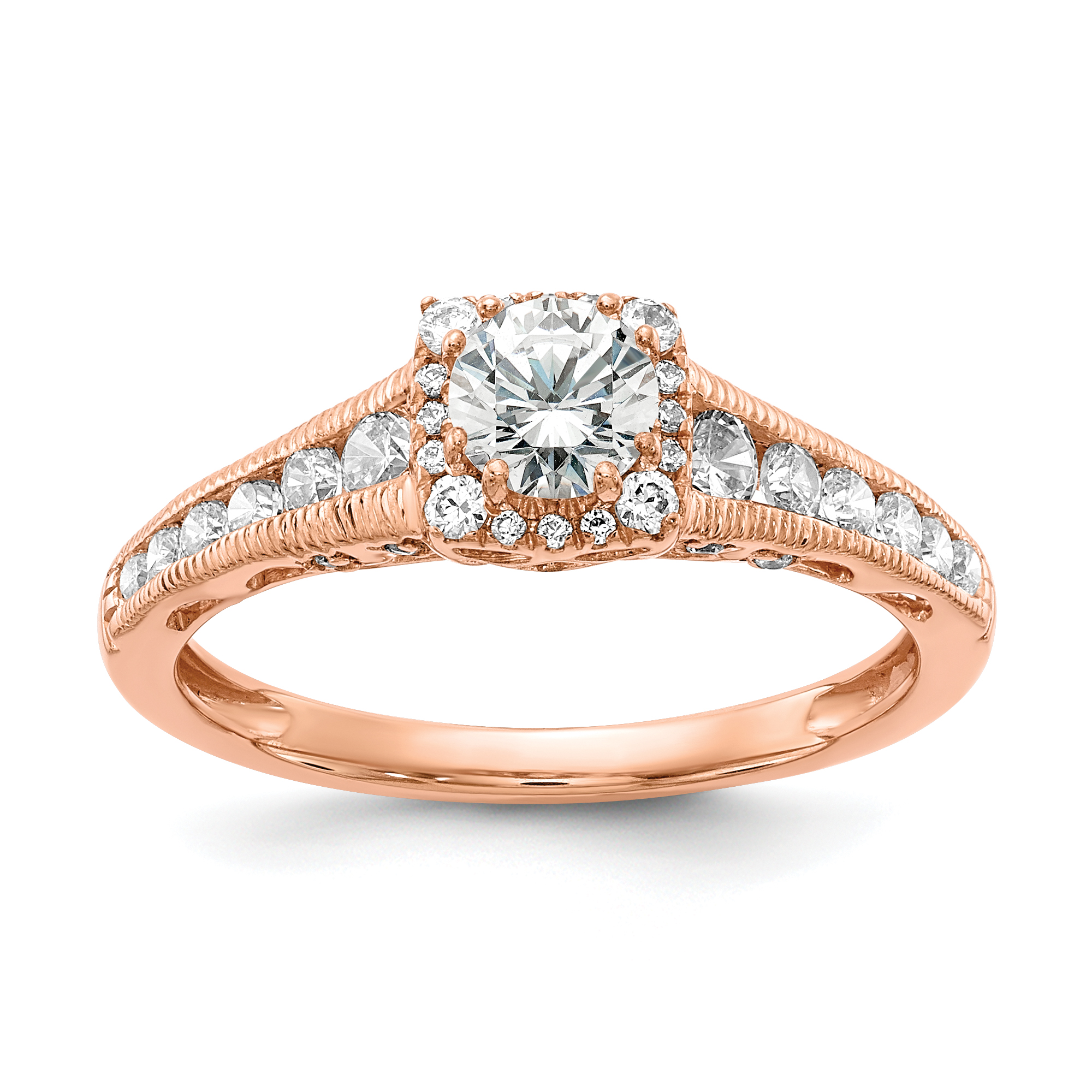 10k Rose Gold 7/8 carat Lab Grown Diamond VS/SI+ G+ Complete Petite Halo Engagement Ring (RM5897E-040-C0RLG)