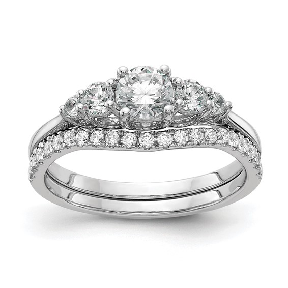 14K White Gold 3-Stone Plus (Holds 1/2 carat (5.5mm) Round Center) 2-3.00mm and 2-2.00mm Round Side Diamonds Semi-Mount Engagement Ring