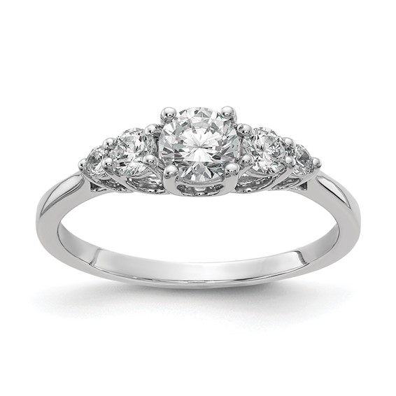 14K White Gold 3-Stone Plus (Holds 1/2 carat (5.5mm) Round Center) 2-3.00mm and 2-2.00mm Round Side Diamonds Semi-Mount Engagement Ring