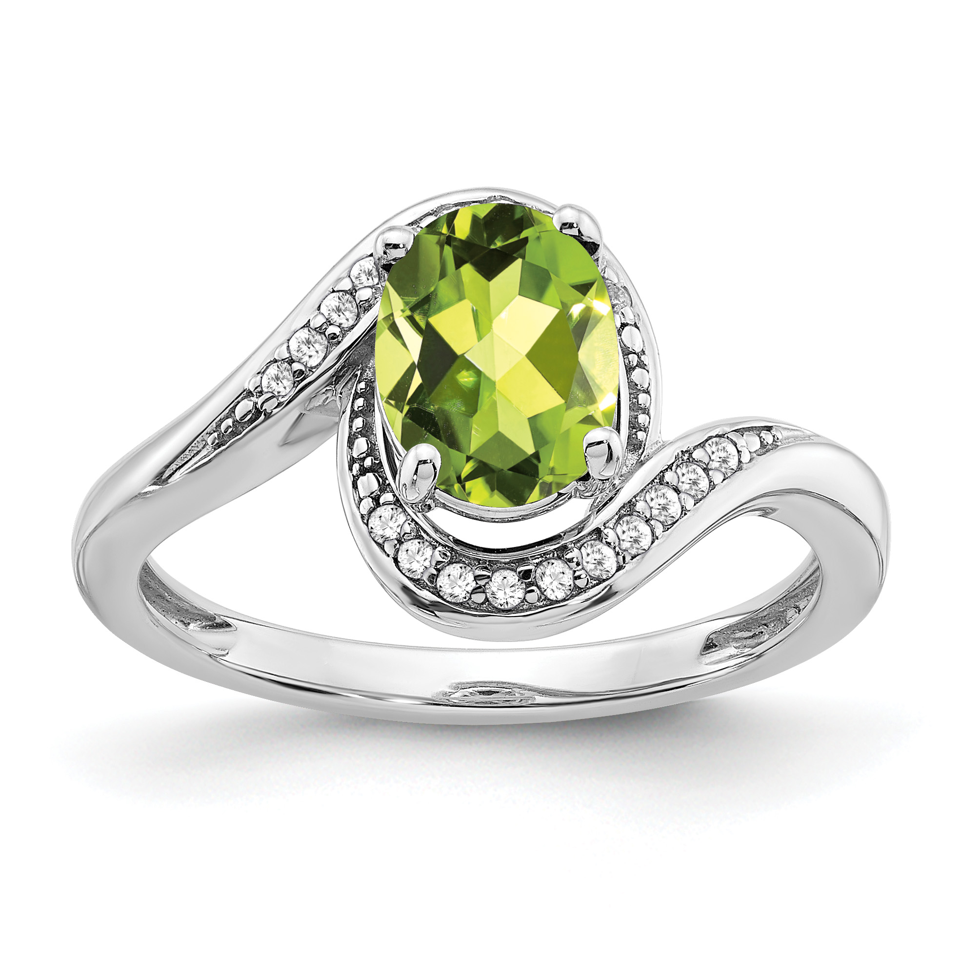 14k White Gold Oval Peridot and Diamond Bypass Ring (RM5948-PE-010-WA)