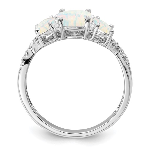  14k White Gold Lab-Created Opal and 1/8 carat Diamond 3-stone Ring