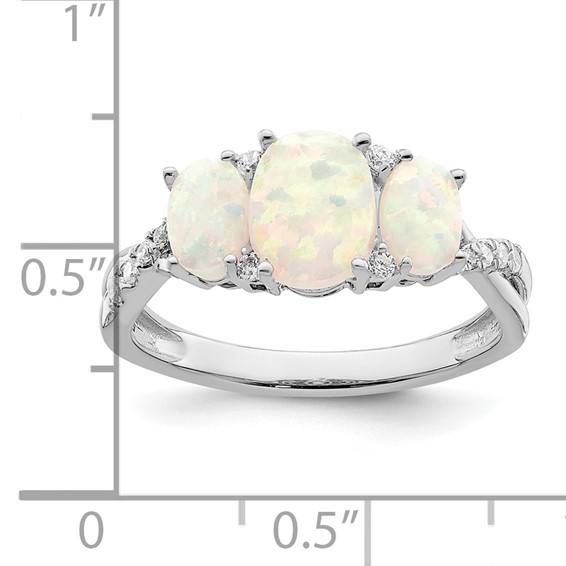  14k White Gold Lab-Created Opal and 1/8 carat Diamond 3-stone Ring