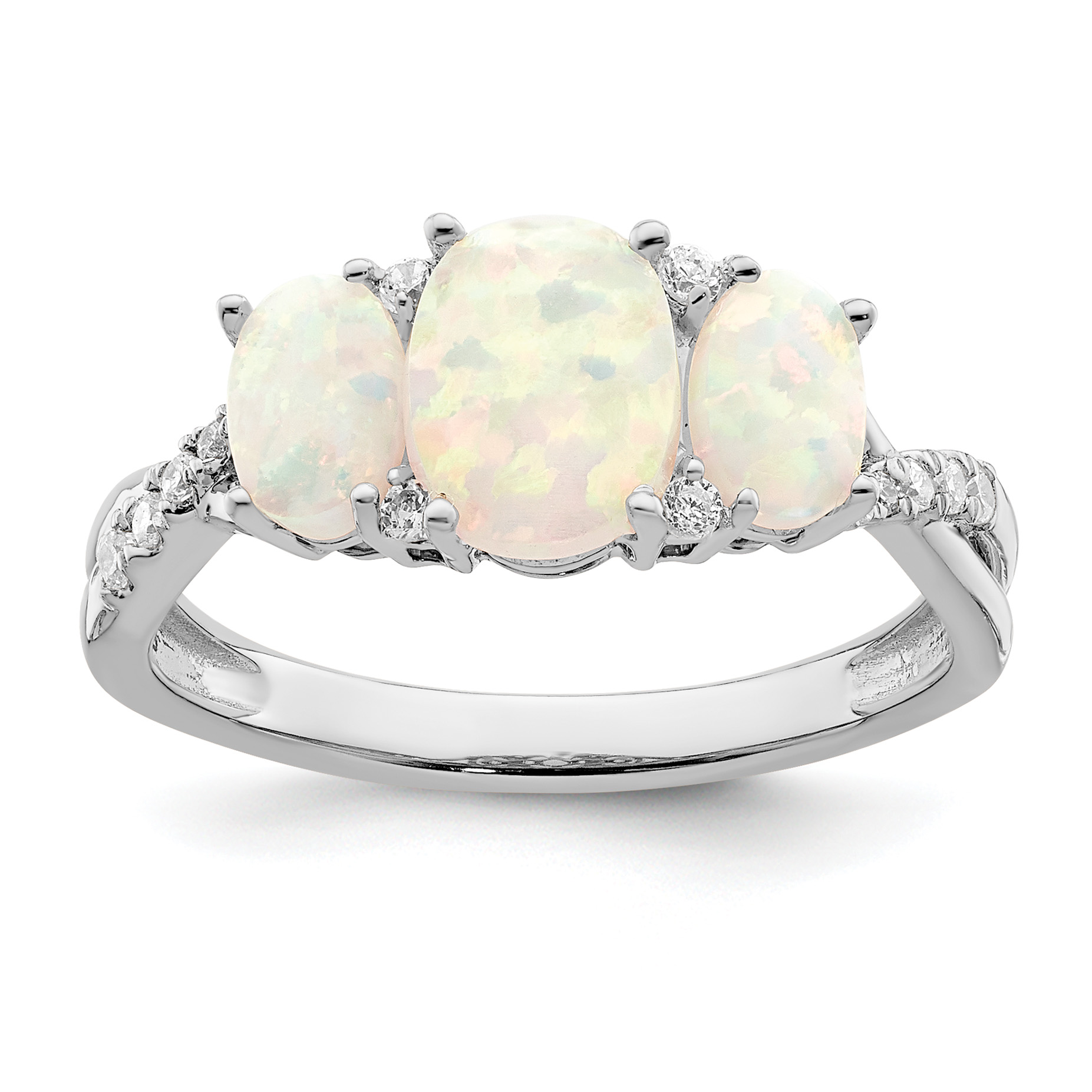  14k White Gold Created Opal and Diamond 3-stone Ring (RM5971-OP-013-WA)