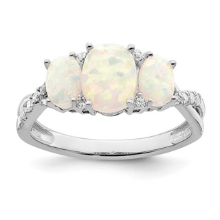  14k White Gold Lab-Created Opal and 1/8 carat Diamond 3-stone Ring