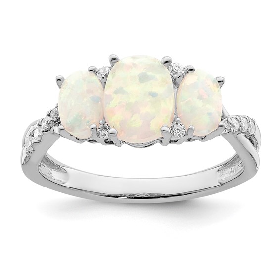  14k White Gold Lab-Created Opal and 1/8 carat Diamond 3-stone Ring