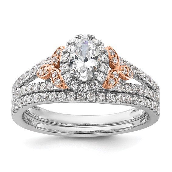 14k Two-tone Rose and White Gold 3/4 carat Lab Grown Diamond VS/SI+ G+ Oval Complete Halo Engagement Ring