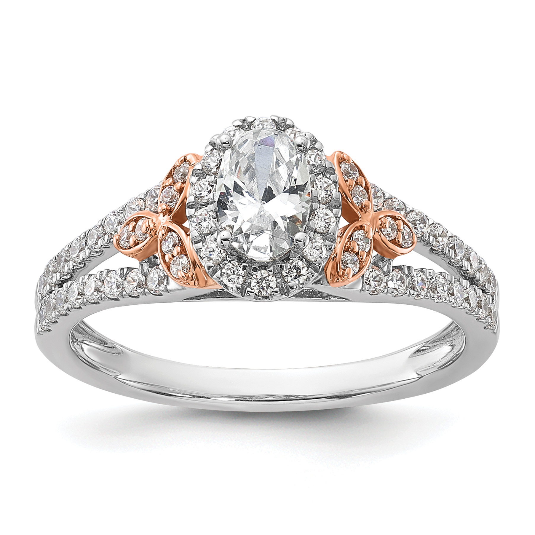 14k Two-tone Rose and White Gold 3/4 carat Lab Grown Diamond VS/SI+ G+ Oval Complete Halo Engagement Ring (RM6011E-040-CWRLG)