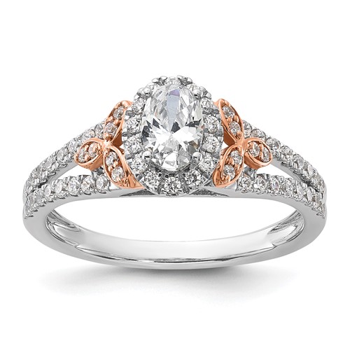 14K Two-tone Rose and White Gold 0.75 Carat Lab Grown Diamond VS SI+ G+ Oval Complete Halo Engagement Ring
