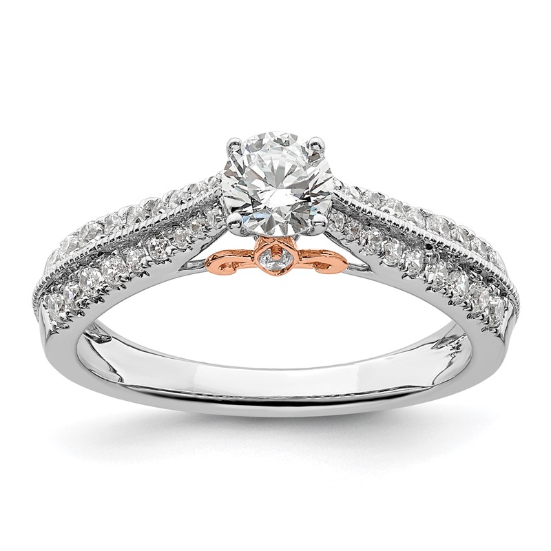 10k Two Tone Rose and White Gold 3/4 carat Lab Grown Diamond VS/SI+ G+ Round Complete Channel Set Shared Prong Engagement Ring