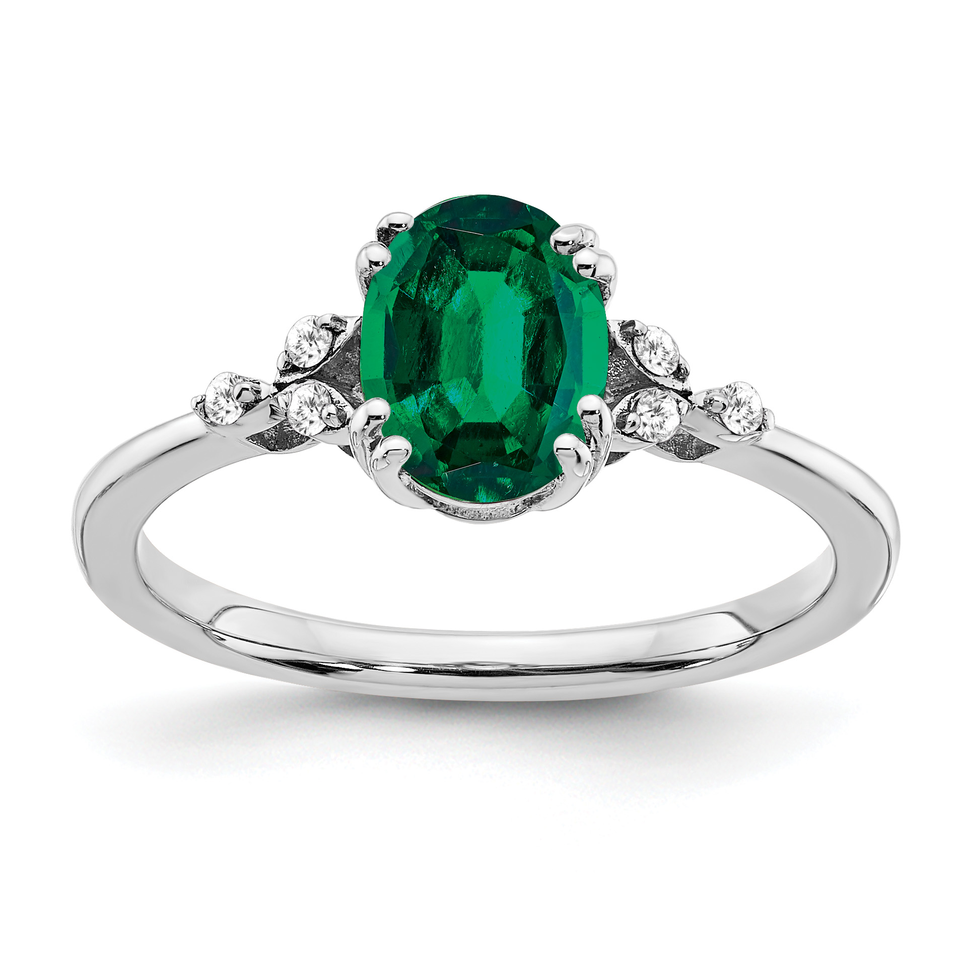 Sterling Silver Rhodium-plated Created Emerald and Diamond Ring (RM6029-CEM-006-SSA-6)