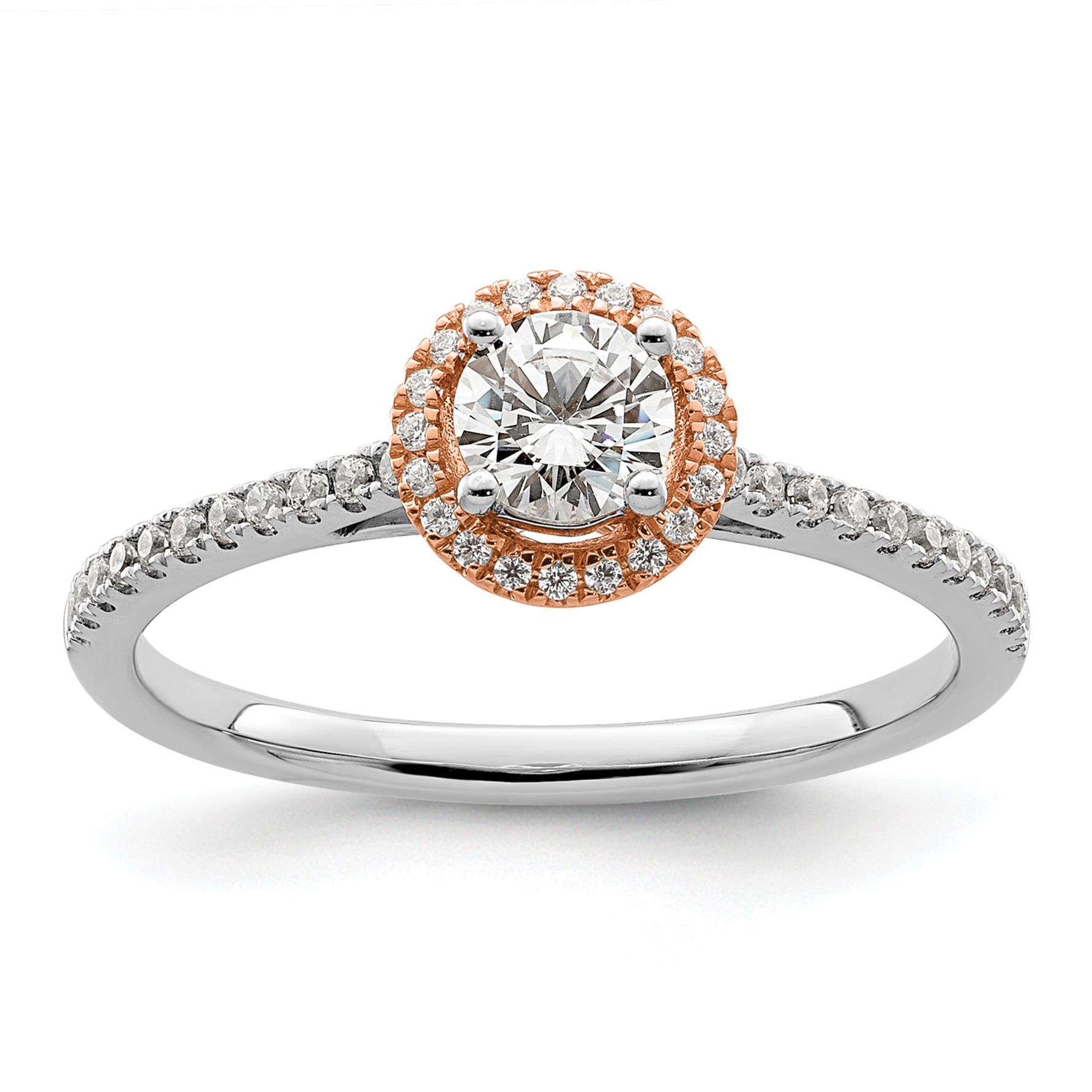 10k Two-Tone Rose and White Gold 1/2 carat Lab Grown Diamond VS/SI+ G+ Round Complete Halo Engagement Ring (RM6041E-033-C0WRLG)