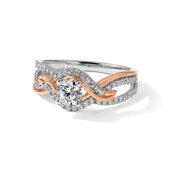 14k White and Rose Gold Criss-Cross (Holds (1/2 carat (5.2mm) Round Center) 1/3 carat Diamond Semi-mount Engagement Ring