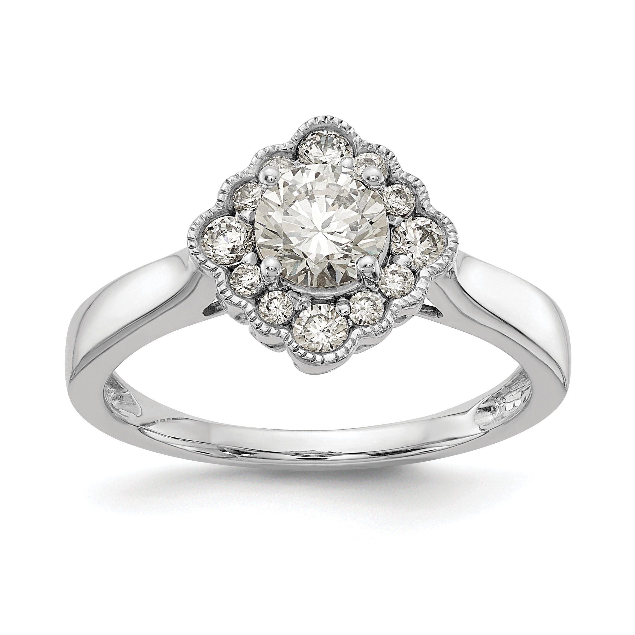 True Origin 14K White Gold 1/4 carat Lab Grown Diamond VS  D E F  Round Semi Mount Fancy Halo Engagement Ring (RM6339E-050-WLD)