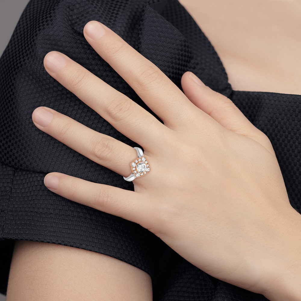 True Origin 14K Two-tone 1/4 carat Lab Grown Diamond VS  D E F  Round Semi Mount Fancy Halo Engagement Ring (RM6339E-100-WRLD)