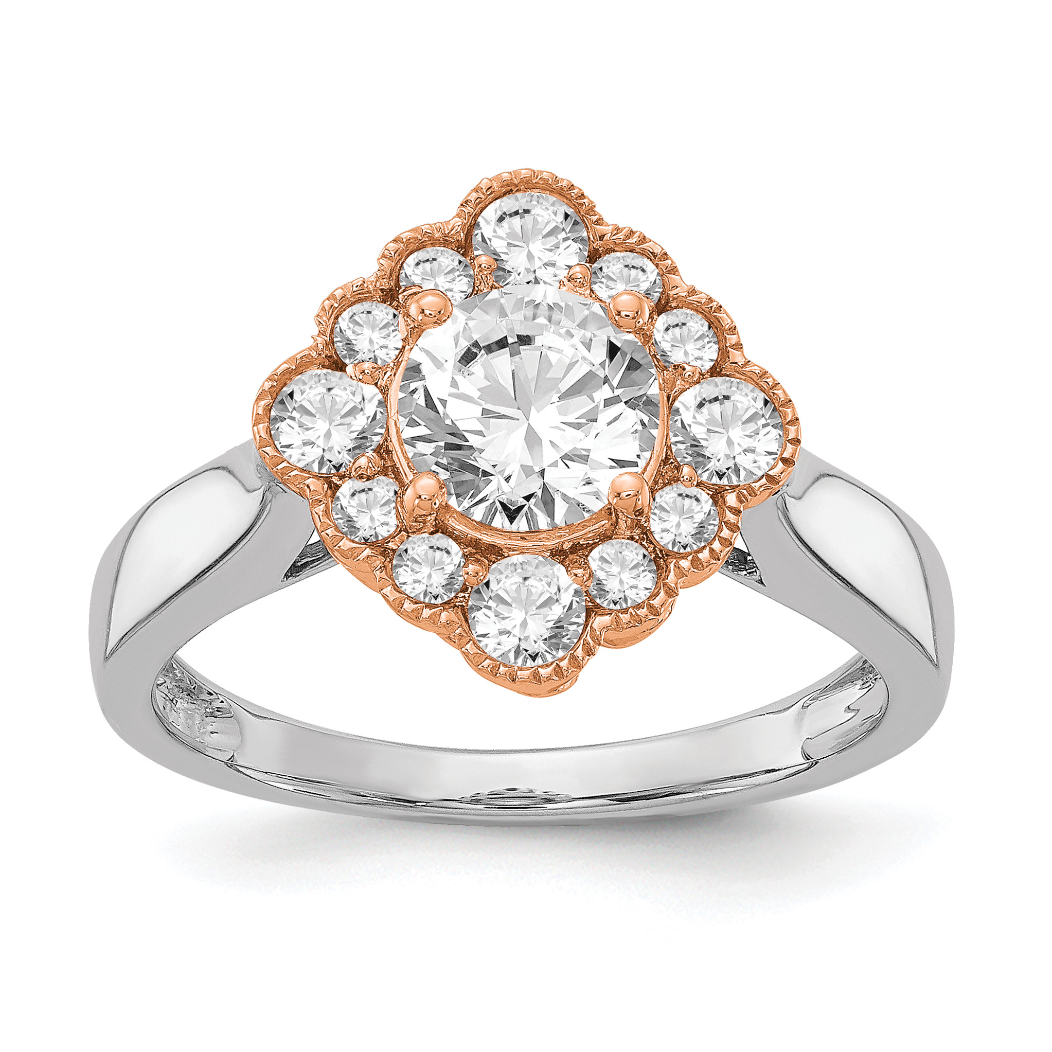 True Origin 14K Two-tone 1/4 carat Lab Grown Diamond VS  D E F  Round Semi Mount Fancy Halo Engagement Ring (RM6339E-100-WRLD)