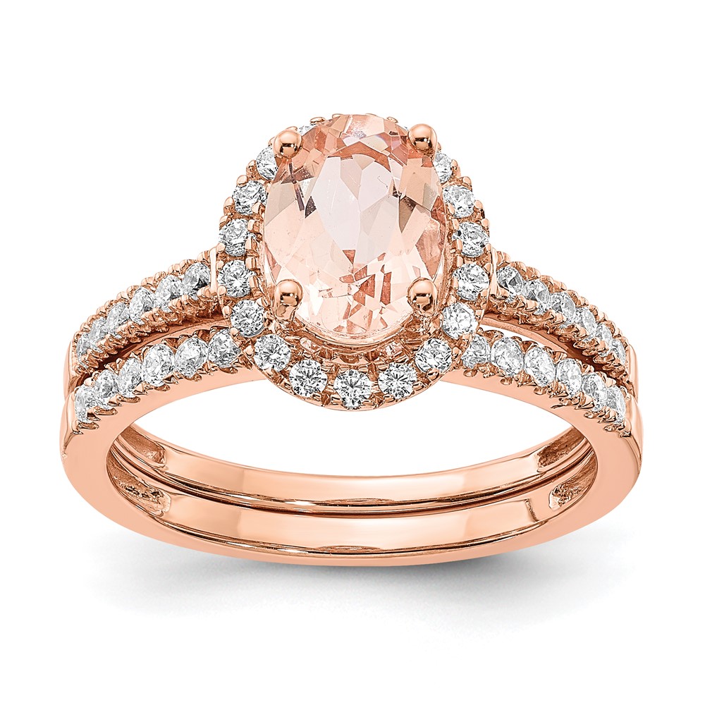 Pure Serenity 14k Rose Gold 1/3 carat Lab Grown Diamond VS/SI+ G+ and Oval Morganite Halo Engagement Ring (RM6354E-MG-030-RLG)