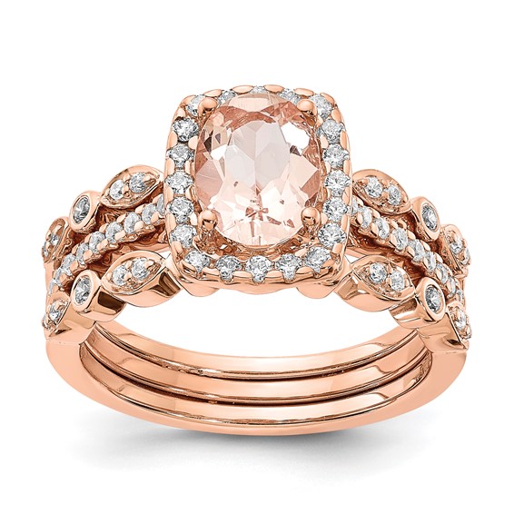 Pure Serenity 14k Rose Gold 1/3 carat Lab Grown Diamond VS/SI+ G+ and Oval Morganite Halo Engagement Ring