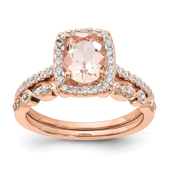 Pure Serenity 14k Rose Gold 1/3 carat Lab Grown Diamond VS/SI+ G+ and Oval Morganite Halo Engagement Ring