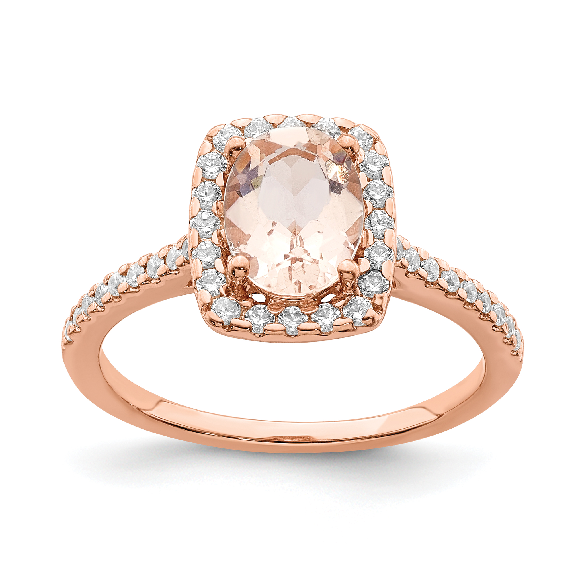 Pure Serenity 14k Rose Gold 1/3 carat Lab Grown Diamond VS/SI+ G+ and Long Cushion Morganite Halo Engagement Ring (RM6355E-MG-030-RLG)