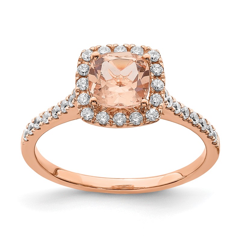 Pure Serenity 14k Rose Gold 1/4 carat Lab Grown Diamond VS/SI+ G+ and Cushion Morganite Halo Engagement Ring