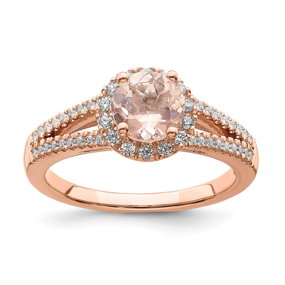 Pure Serenity 14K Rose Gold 0.25 Carat Lab Grown Diamond VS SI+ G+ and Round Morganite Halo Engagement Ring