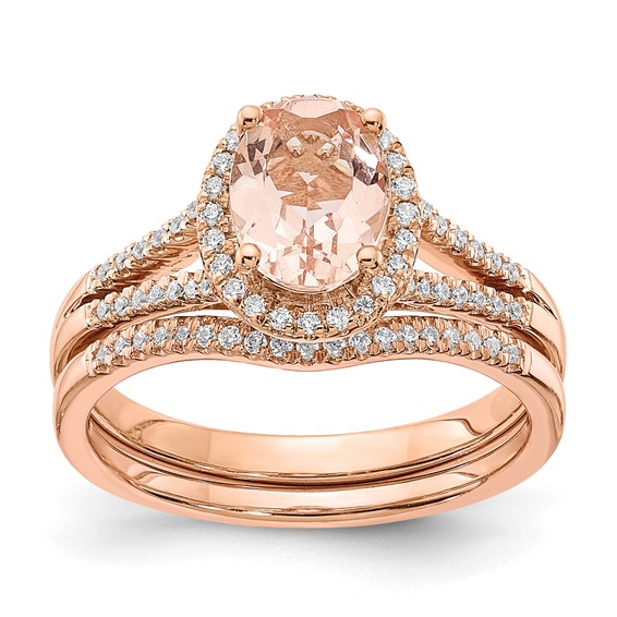 Blooming Bridal 14k Rose Gold Halo 8x6mm Oval Morganite and 1/5 carat Diamond Complete Engagement Ring