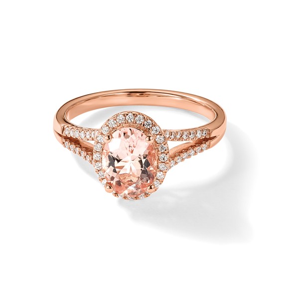 Blooming Bridal 14k Rose Gold Halo 8x6mm Oval Morganite and 1/5 carat Diamond Complete Engagement Ring