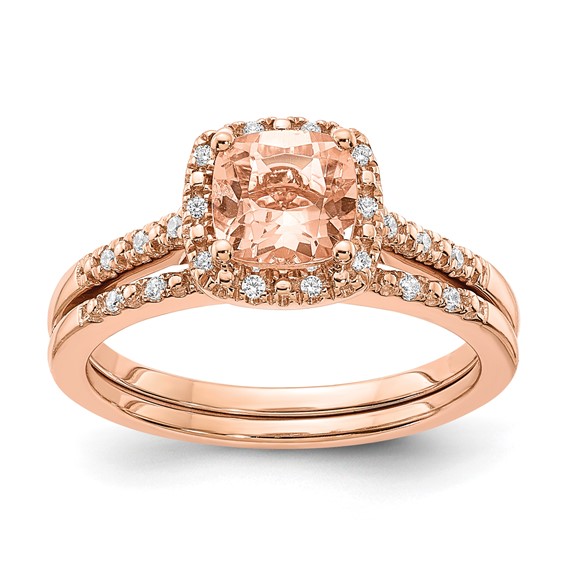 Blooming Bridal 14k Rose Gold Halo 6.00mm Cushion-cut Morganite and 1/15 carat Diamond Complete Engagement Ring
