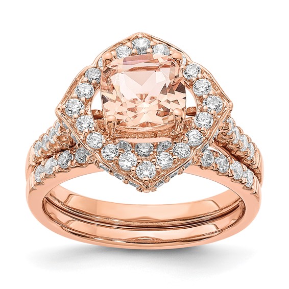 Blooming Bridal 14k Rose Gold Halo 7.00mm Cushion-cut Morganite and 3/4 carat Diamond Complete Engagement Ring