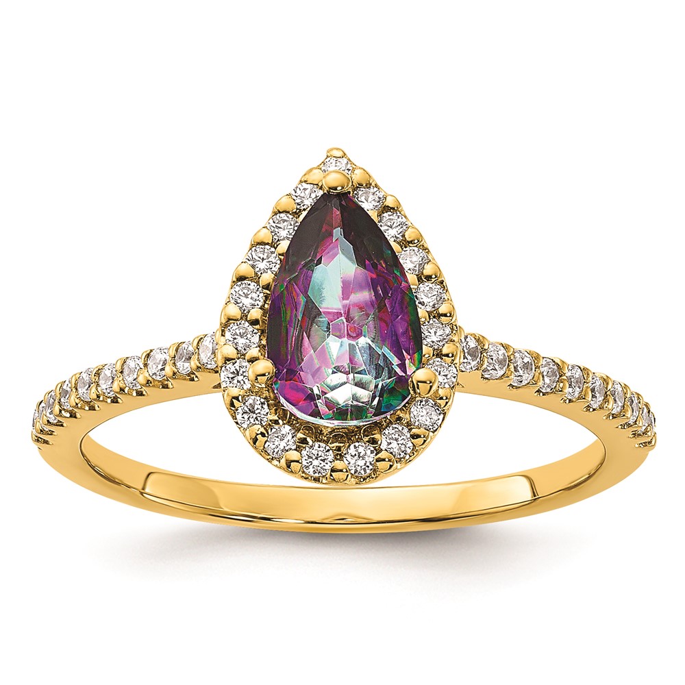 14k Yellow Gold Pear Mystic Fire Topaz and Diamond Halo Engagement Ring 14k Yellow Gold Pear Mystic Fire Topaz and Diamond Halo Engagement Ring