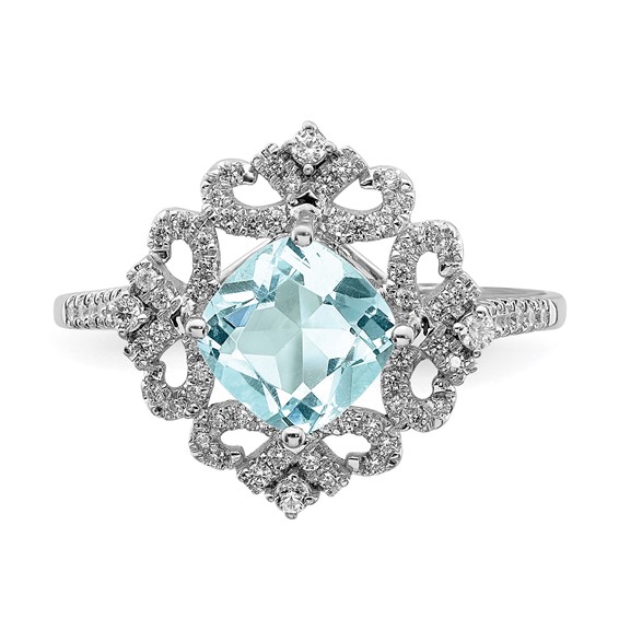 Blooming Bridal 14k White Gold Vintage 7.00mm Cushion-cut Aquamarine and 1/3 carat Diamond Complete Engagement Ring
