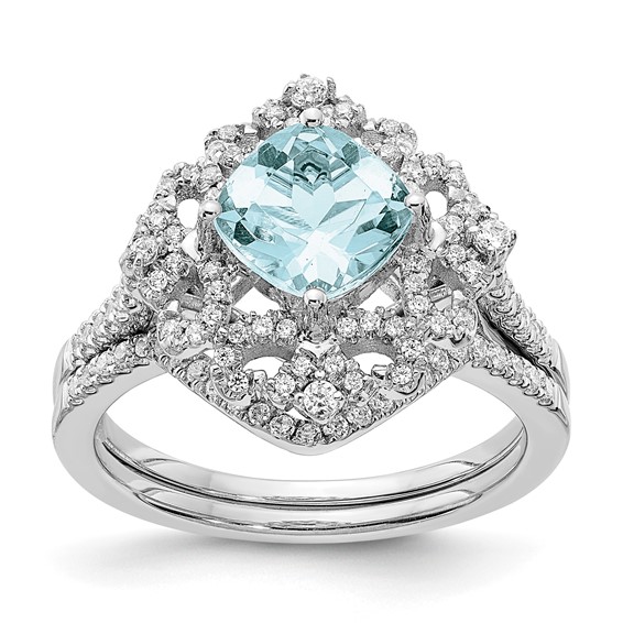 Blooming Bridal 14k White Gold Vintage 7.00mm Cushion-cut Aquamarine and 1/3 carat Diamond Complete Engagement Ring