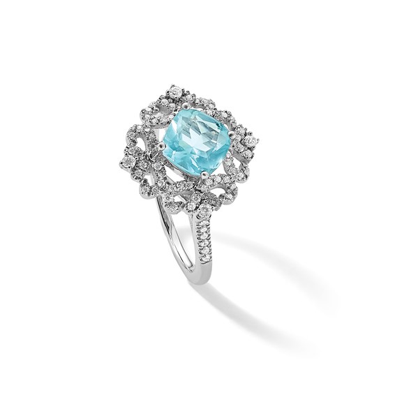 Blooming Bridal 14k White Gold Vintage 7.00mm Cushion-cut Aquamarine and 1/3 carat Diamond Complete Engagement Ring