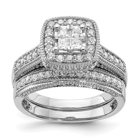 14K White Gold Square Halo Cluster 5/8 carat Princess/Round Diamond Complete Engagement Ring