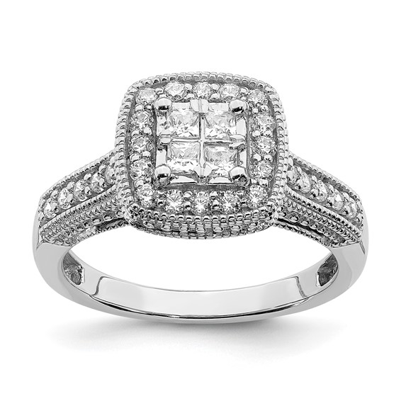 14K White Gold Square Halo Cluster 5/8 carat Princess/Round Diamond Complete Engagement Ring