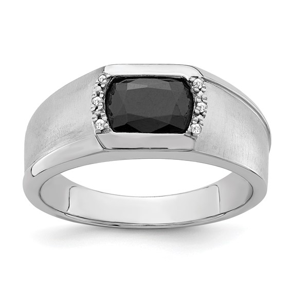IB Goodman 14k White Gold 8x6mm Cushion Onyx and Diamond Mens Ring