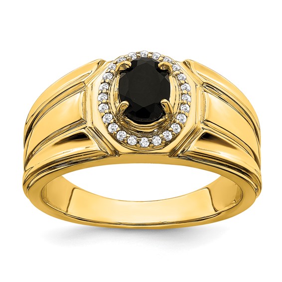 IB Goodman 14k 7x5mm Oval Onyx and 1/8 carat Diamond Halo Mens Ring