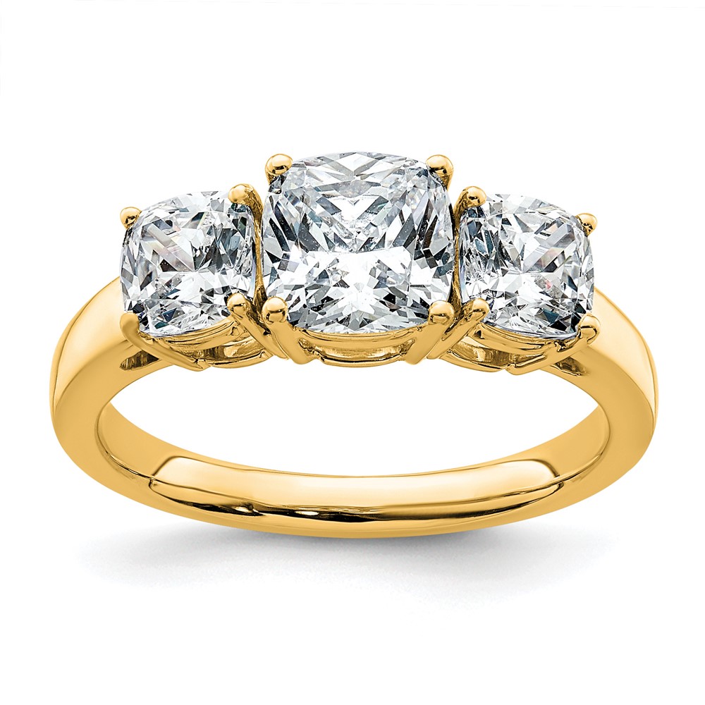 14K Yellow Gold 2.33 Carat Certified Lab Grown Diamond VS+ F+ Cushion Complete Three Stone Engagement Ring