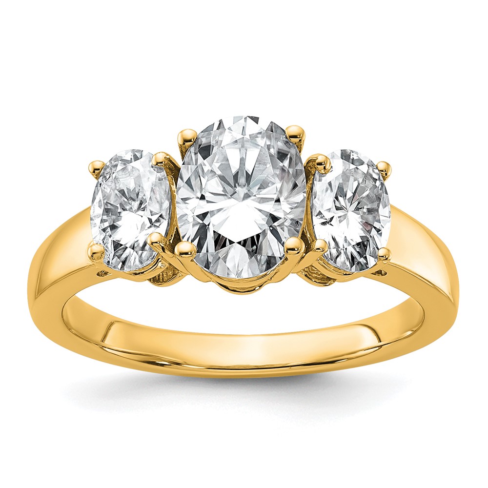 14K Yellow Gold 1.75 Carat Lab Grown Diamond VS+ F+ 1.33 Oval Center Semi Mount Three Stone Engagement Ring