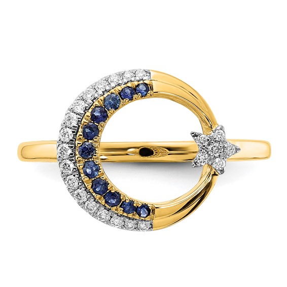 14k Polished Blue Sapphire and 1/8 carat Diamond Moon with Star Ring