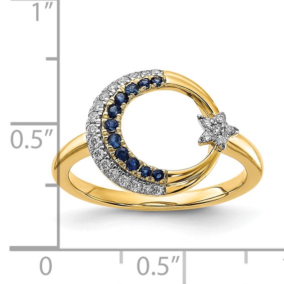 14k Polished Blue Sapphire and 1/8 carat Diamond Moon with Star Ring
