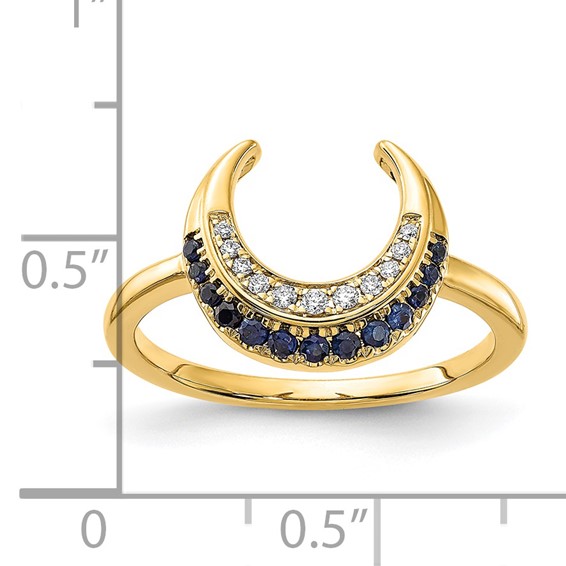14k Polished Blue Sapphire and 1/20 carat Diamond Moon Ring